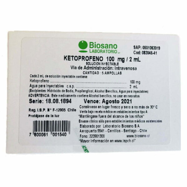 KETOPROFENO 100MG /2 ML Solución inyectable 5 Ampollas